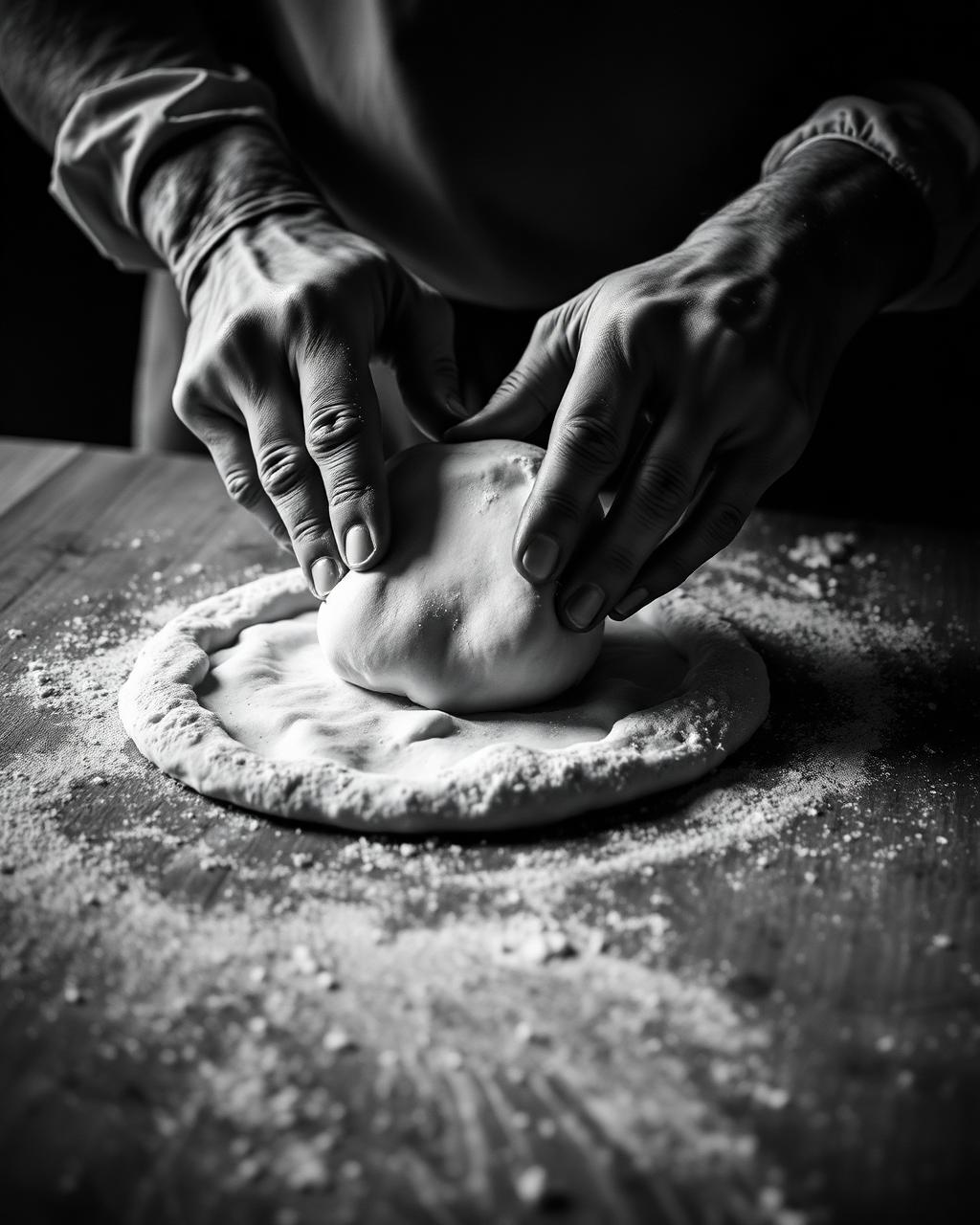 Hands stretching pizza dough
